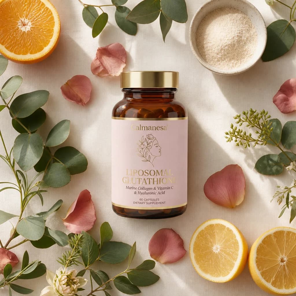 Calmanesa bottle surrounded by citrus, botanicals and rose petals
