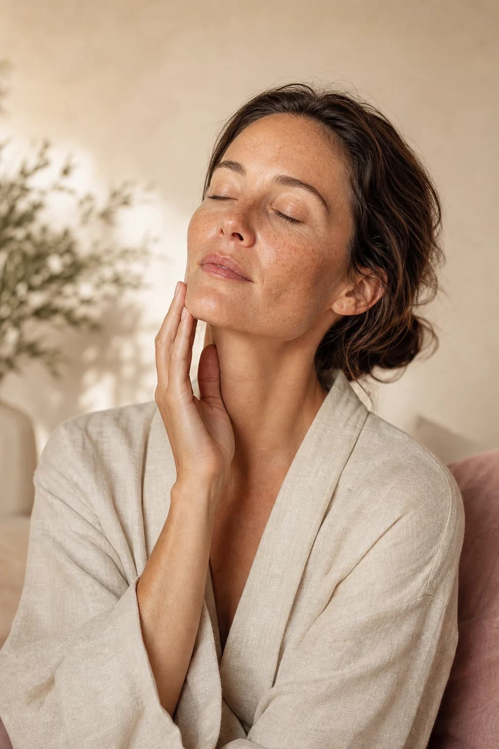A woman with calm, luminous bare skin in soft morning light